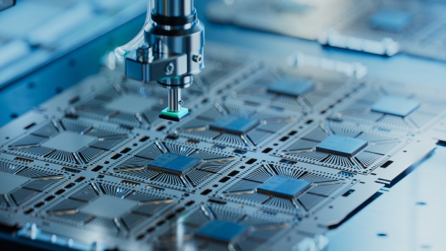Close-up view of an automated machine assembling microchips in a high-tech manufacturing environment.