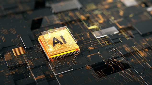 abstract image showing a button with AI on it against a microchip-like background